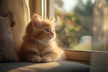 Adorable Ginger Kitten Gazing Out the Window in Soft Morning Light