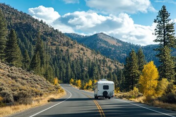 Towing Camper. Truck Transporting a Camper in California's Sierra Mountains on a Beautiful Autumn Day