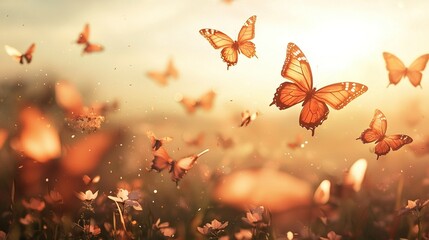   Butterflies flying above flowers under sunny skies