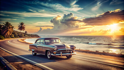 A retro-style of a vintage car driving along a coastal road