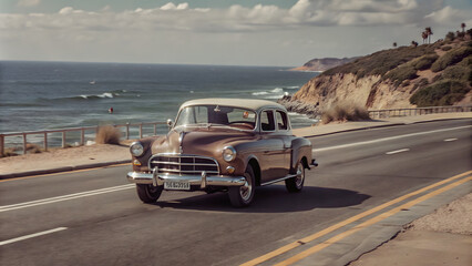 A retro-style of a vintage car driving along a coastal road