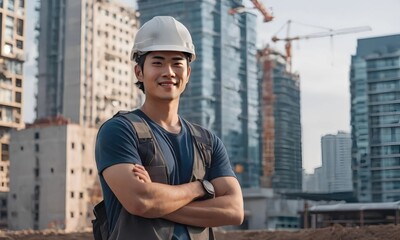Smiling young asian construction engineer, helmet on, standing at a site with buildings behind.