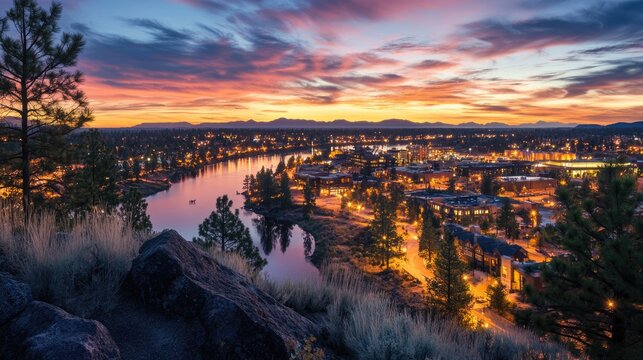 Bend Oregon Skyline. Night Cityscape Overlooking River at Sunset