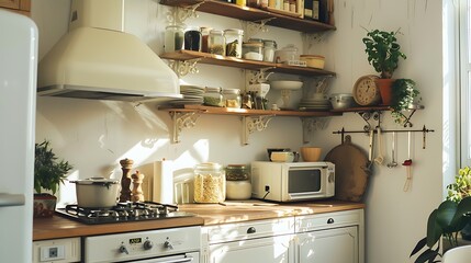 Describe the cozy charm of a kitchen with vintage appliances and open shelving 
