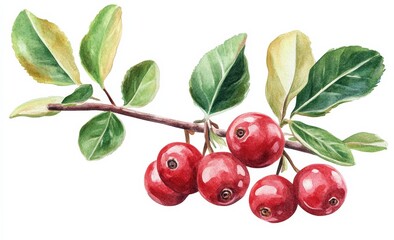Watercolor red cowberry berries with green leaves on a branch, isolated on a white background