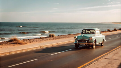 Obraz premium A retro-style of a vintage car driving along a coastal road