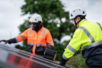 Service engineer inspects and maintains solar panels in a cultivation area, promoting clean energy.