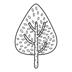 Hand drawn tree in black and white isolated element. Doodle cute tree in outline for kids design. Great for apparel, prints, stickers. Vector illustration