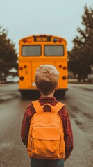 Young student standing with his back to the camera wearing a backpack waiting for the arrival of a school bus on a sunny morning capturing anticipation and the start of a new school day