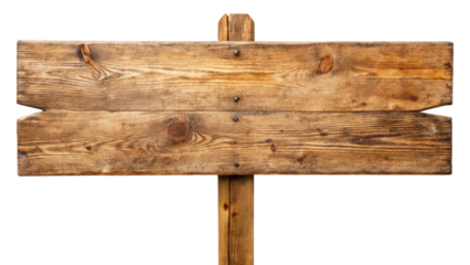 Rustic wooden signpost with a blank surface for text isolated with transparent background.
