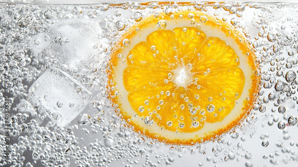 Poster   An orange slice atop glass water with ice beside it