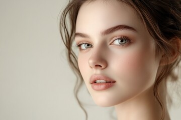 Fototapeta premium Portrait of a young woman isolated on a light background. Skin care. Beautiful female model with perfectly clean fresh skin. Natural beauty and cosmetology concept generative ai