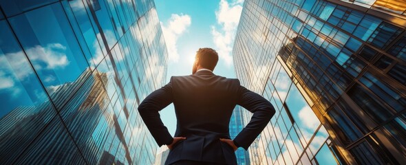 Businessman standing in front of skyscrapers with hands on hips looking up at the sky Sunlight reflects off the glass buildings Generative AI