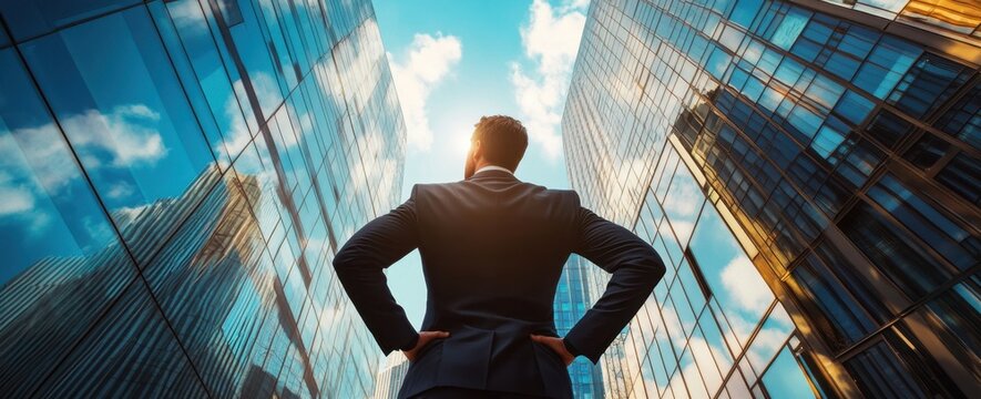 Businessman standing in front of skyscrapers with hands on hips looking up at the sky Sunlight reflects off the glass buildings Generative AI