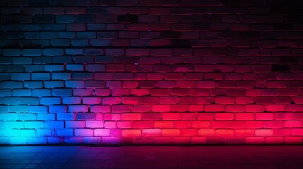 Brick Wall Background, Rough Concrete With Glowing Red Blue Lights. Neural network ai generated art