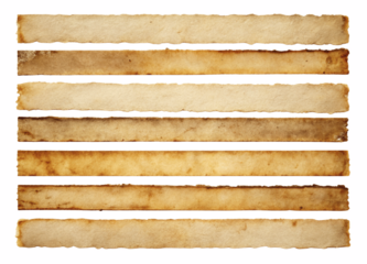Long, narrow strips of aged parchment with frayed edges isolated with transparent background.