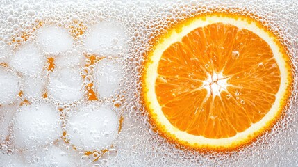   A slice of orange sits atop a stack of ice cubes alongside another orange slice on a separate stack of ice cubes