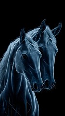 Naklejka premium Horses in Neon on Black Background, Abstract Image, Texture, Pattern, Wallpaper, Cover and Screen for Smartphone, PC, Laptop, 9:16 and 16:9 Format