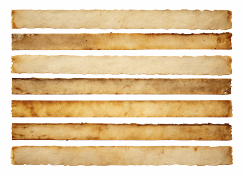 Long, narrow strips of aged parchment with frayed edges isolated with transparent background.