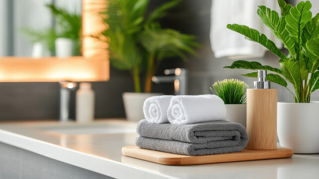 Contemporary bathroom decor featuring rolled towels, wooden accents, and plants, highlighting a fresh and organized aesthetic.
