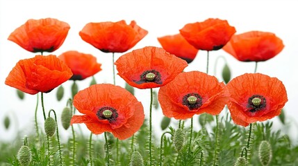 Fototapeta premium Red flowers in a green field, set against a white sky