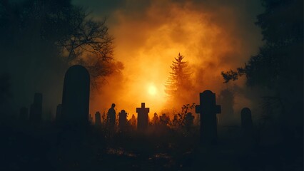 A cemetery silhouetted against a glowing sunrise, shrouded in thick fog, creating a mysterious and haunting atmosphere.
