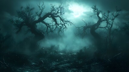 Haunted Foggy Forest with Twisted Trees