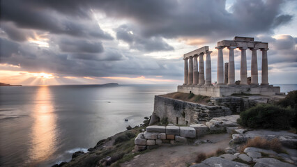 Naklejka premium Ancient Greek temple ruins set on a cliff overlooking the ocean at sunrise. The temple is partially collapsed, with broken columns and overgrown vegetation. The sky is a soft pink, and the sea below i