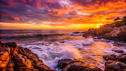 A rocky coastline at sunset, with waves crashing against the cliffs. The sky is ablaze with oranges and purples, and the sea reflects the colors, creating a dramatic and powerful scene