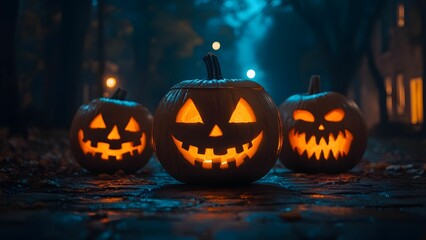 Glowing pumpkin in a foggy forest, surrounded by dim lights and swirling mist.