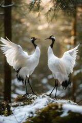 Obraz premium Dancing Japanese cranes in a forest with mist and greenery.