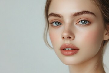 Fototapeta premium Portrait of a young woman isolated on a light background. Skin care. Beautiful female model with perfectly clean fresh skin. Natural beauty and cosmetology concept generative ai