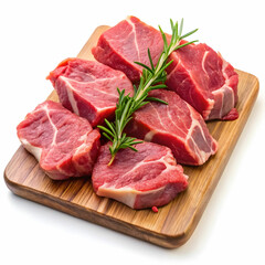 pieces of raw sirloin meat on a chopping board isolated