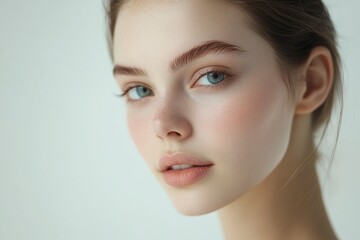 Naklejka premium Portrait of a young woman isolated on a light background. Skin care. Beautiful female model with perfectly clean fresh skin. Natural beauty and cosmetology concept generative ai
