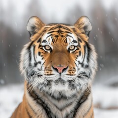 Fototapeta premium close up elegant Siberian tiger with a serene expression and well defined stripes, gently blurred snowy landscape, bright, diffused creating a clean contrast on the tiger