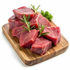 pieces of raw sirloin meat on a chopping board isolated