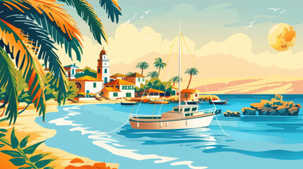 watercolor illustration, vintage postcard, Independence Day in Cyprus, panoramic view of the medieval coastal town, large white yacht, paradise Bay