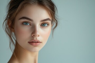 Fototapeta premium Portrait of a young woman isolated on a light background. Skin care. Beautiful female model with perfectly clean fresh skin. Natural beauty and cosmetology concept generative ai