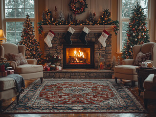A cozy Christmas Eve scene with a family gathered by the fireplace, enjoying hot cocoa and holiday stories together.