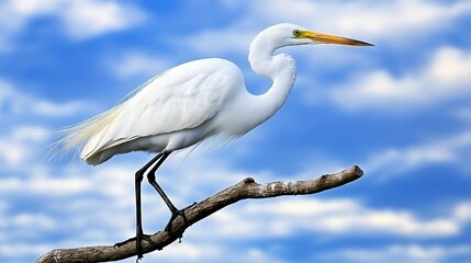 Fototapeta premium White bird perched on tree branch against blue sky with cloudy backdrop