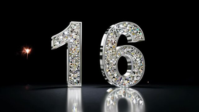 Dazzling crystal diamont number sixteen 16 shines brightly against a contrasting dark backdrop. Fireworks in the background. For congratulations and anniversaries