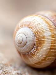 A close-up view of a snail's shell showing intricate ridges, macro photography capturing nature's spiral.