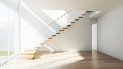 Obraz premium Modernized staircase with glass railings and floating wooden steps, adding a touch of contemporary elegance to the space, staircase renovation, modern minimalism