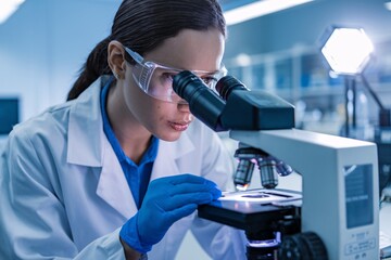 Focused in the Lab: A female scientist conducts meticulous research, peering intently through a high-powered microscope in a modern laboratory setting. 
