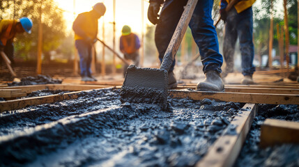 Team of workers pouring concrete for a foundation, ensuring a strong base for the structure, foundation work, construction essentials