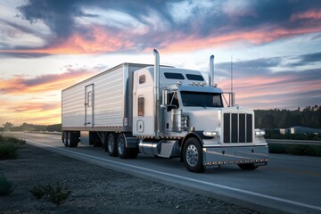 Naklejka premium Semitrailer Truck on the Open Road: A gleaming white semi-trailer truck roars down a highway at sunset, its powerful engine and sleek design reflecting the spirit of American trucking. The truck's jou