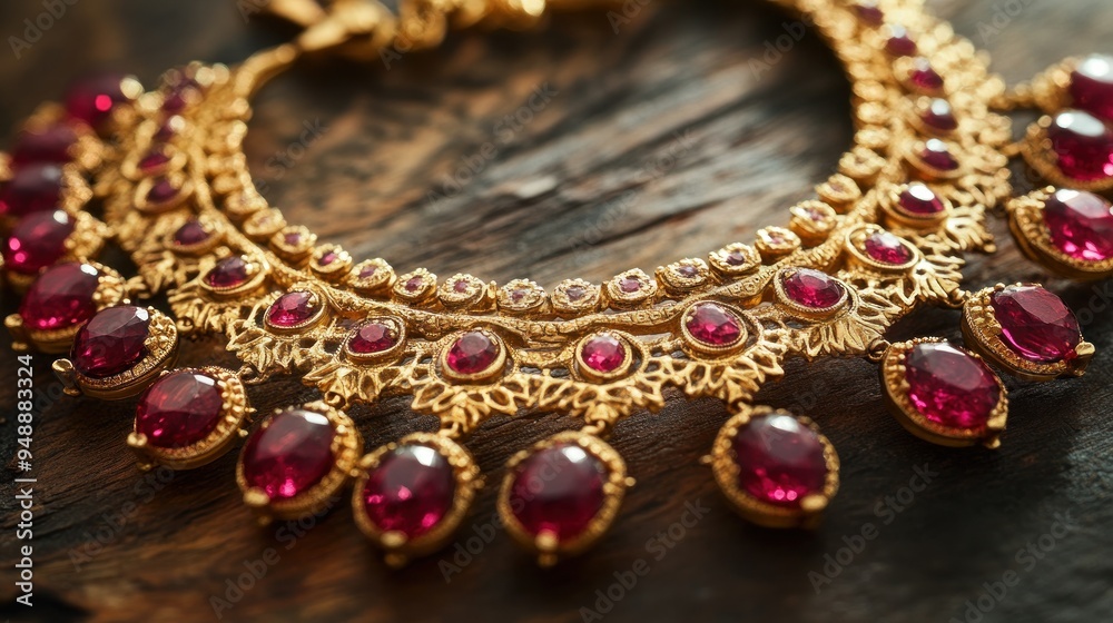 Poster Ornate Gold Necklace with Red Gemstones