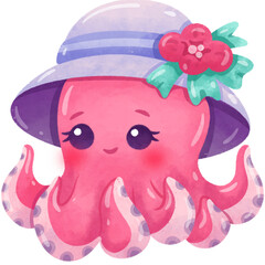 Pink octopus with striped hat watercolor illustration