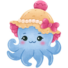 Blue octopus with striped hat watercolor illustration
