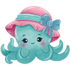 Blue octopus with striped hat watercolor illustration
